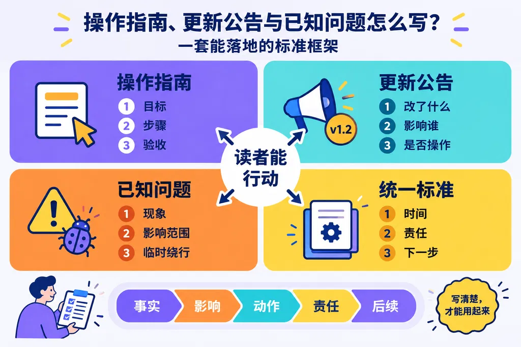 操作指南、更新公告与已知问题怎么写:一套能落地的标准框架